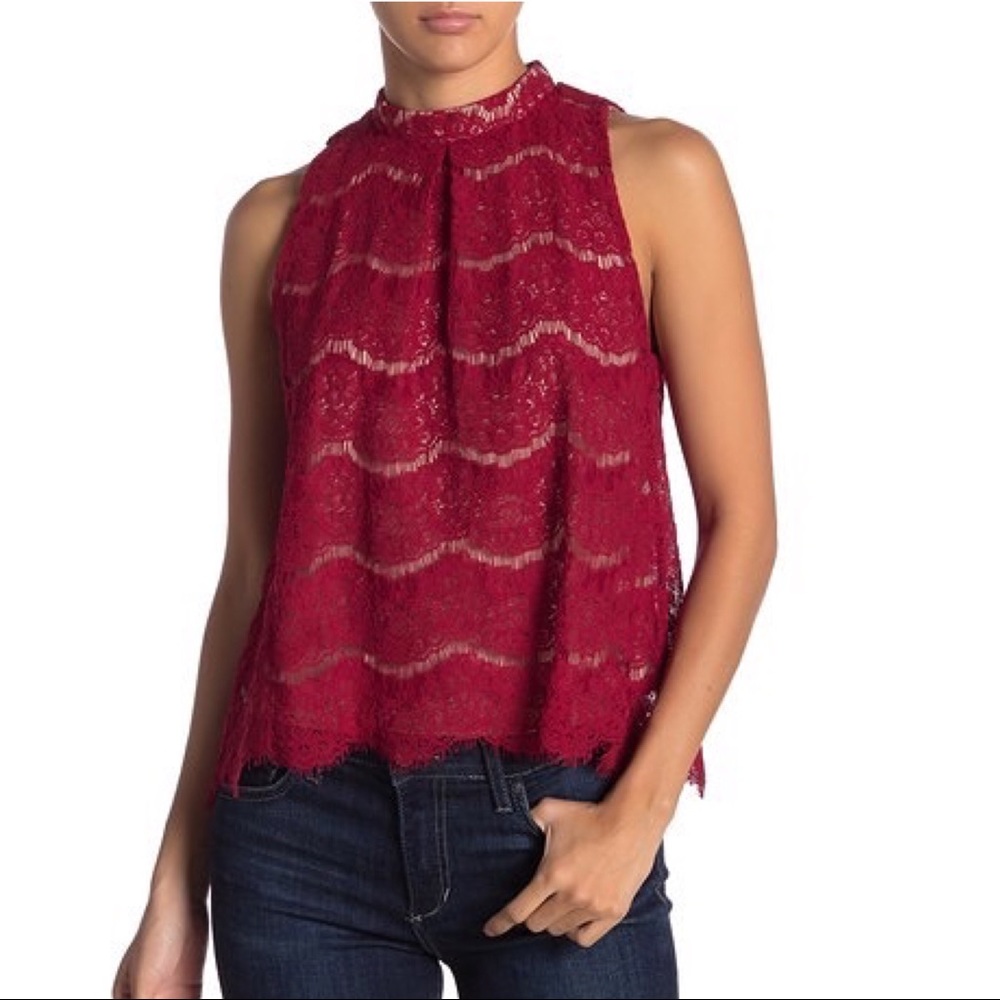 Love, Fire Red Mock Neck Lace Blouse